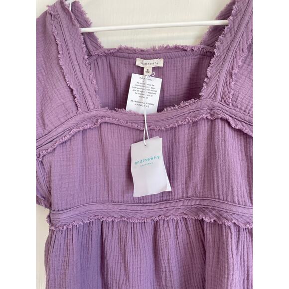 Andthewhy purple gauzy short sleeve ruffled top babydoll solid square neck Small - Picture 7 of 8